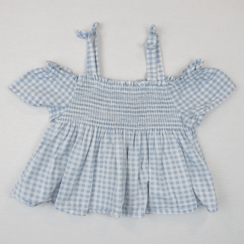 Tommy Bahama Girls M 7/8 Top Blue White Smock Bow Straps Stretch Short Sleeve